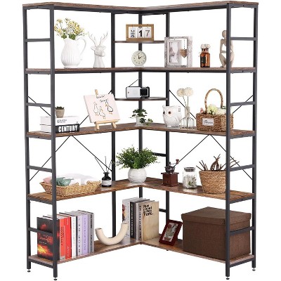 Homhougo 5 Tier Corner Bookshelf, Industrial Bookshelves, L Shape Tall Bookcase with Storage with Heavy Duty Metal Frame, Brown