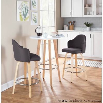 Swivel Natural Wood and Charcoal Fabric Barstools, Set of 2