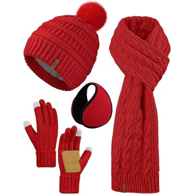 ZUPPAD 4-in-1 Women Winter Beanie Hat Scarf Touchscreen Gloves Ear Warmer Set Fleece Lined Warm Knit Skull Cap with Pom Pom