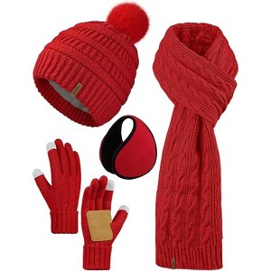 ZUPPAD 4-in-1 Women Winter Beanie Hat Scarf Touchscreen Gloves Ear Warmer Set Fleece Lined Warm Knit Skull Cap with Pom Pom - 1 of 4