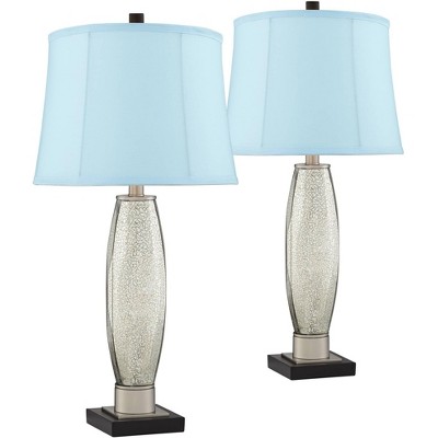 Regency Hill Mid Century Modern Table Lamps Set of 2 Black Mercury Glass Blue Softback Drum Shade for Living Room Bedroom House