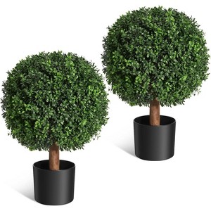 24" Artificial Topiary Boxwood Ball Trees, Set of 2 UV Resistant Plants, Faux Boxwood with Pots for Front Porch, Indoor Walkway, Entryway Decorating - 1 of 4