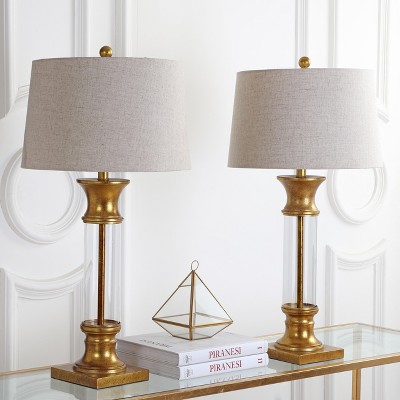 Elegant Gold Leaf and Clear Glass Table Lamp Set with Linen Shade