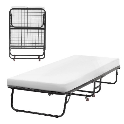 FDW Folding Bed Portable Guest Bed with Comfortable Mattress Sturdy & Built-in Wheels, White
