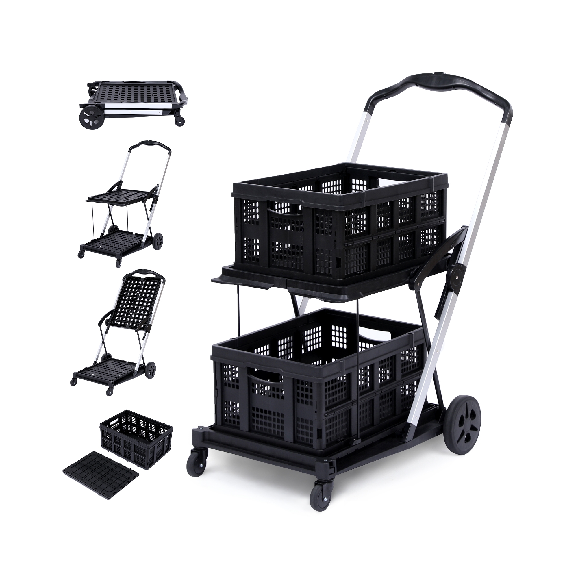Heavy Duty Collapsible Utility Cart with Wheels - Folding Mobile Office Organizer and Rolling Multipurpose Storage Trolley - Portable Black