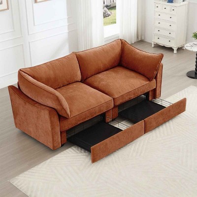 2-Seater Sofa with Pull-Out Storage Drawers, Sofa with Crescent Armrests and Piped Edge, Upholstered Chenille Sofa with Cushion-Coolbibila