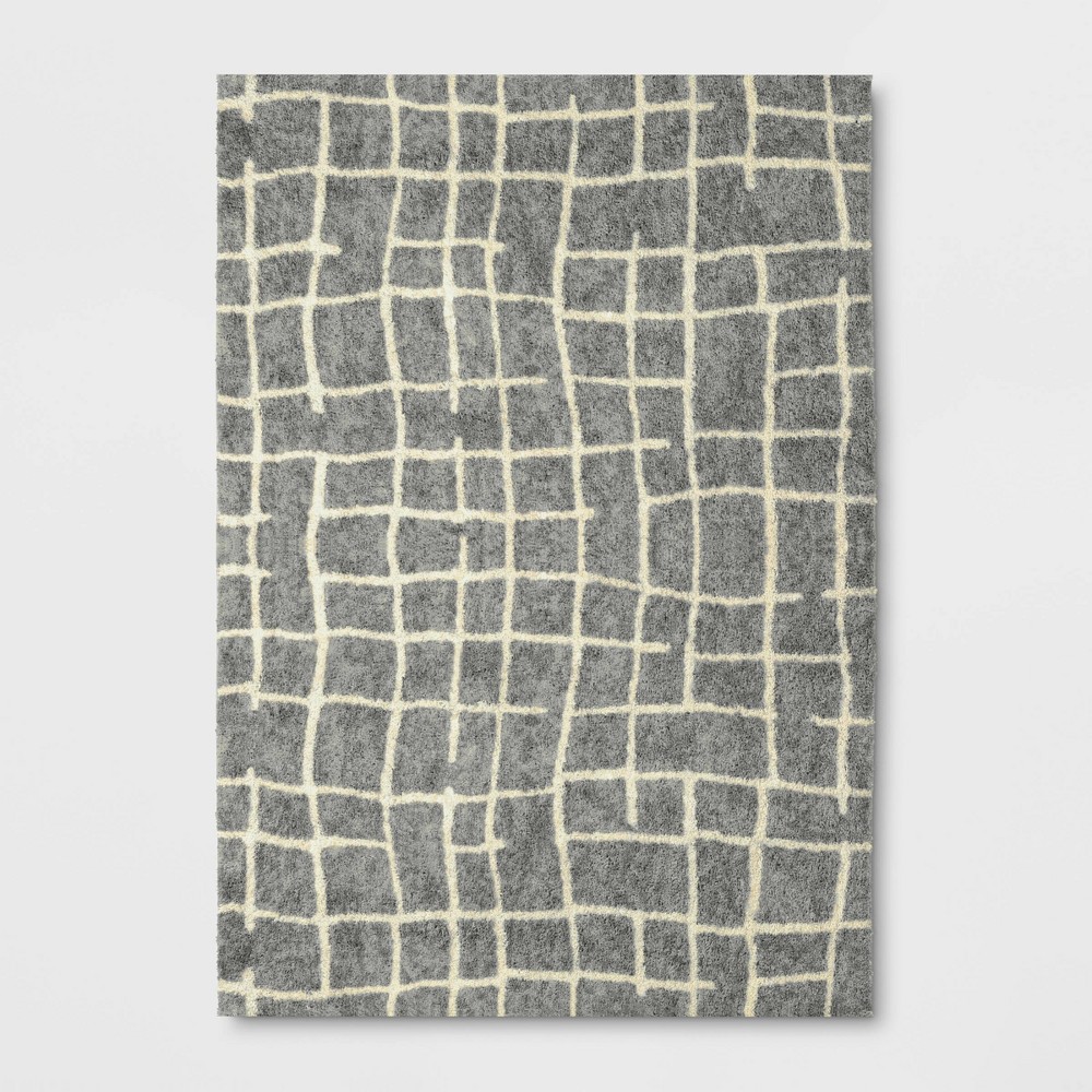 Photos - Area Rug 7'x10' Broken Grid Shag  Gray/Ivory - Threshold™: High Pile, Fade & Stain-Resistant, OEKO-TEX Certified