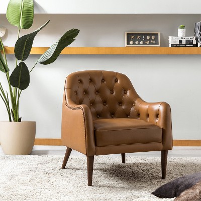 Justo 28.5" Wide Tufted Genuine Leather Wood Legs Accent Barrel Chair for Living Room with solid wood legs | ARTFUL LIVING DESIGN
