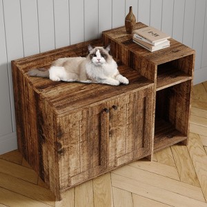 Cat Litter Box Enclosure with Storage Shelve Adn Wooden Barn Door, Hidden Litter Box Cabinet, Indoor Cat House Fits Most Litter Boxes Retro - 1 of 4