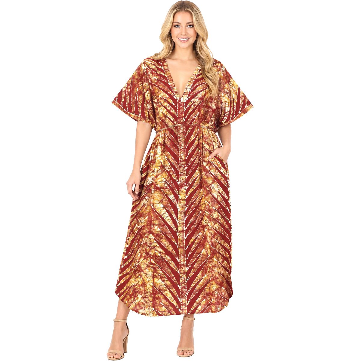 LA LEELA Summer Cotton Women Caftan Dress Resortwear Vacation Holiday Cruise Pregnancy Wear Relaxed Fit Travel Style 2X-3X Red Leaf