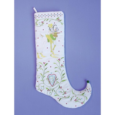 Patience Brewster 28" White and Green Prancer Embroidered Christmas Stocking
