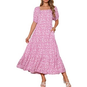 INSPIRE CHIC Women's Summer Floral Puff Short Sleeve Square Neck Boho Casual Pockets Tiered Midi Dress - 1 of 4