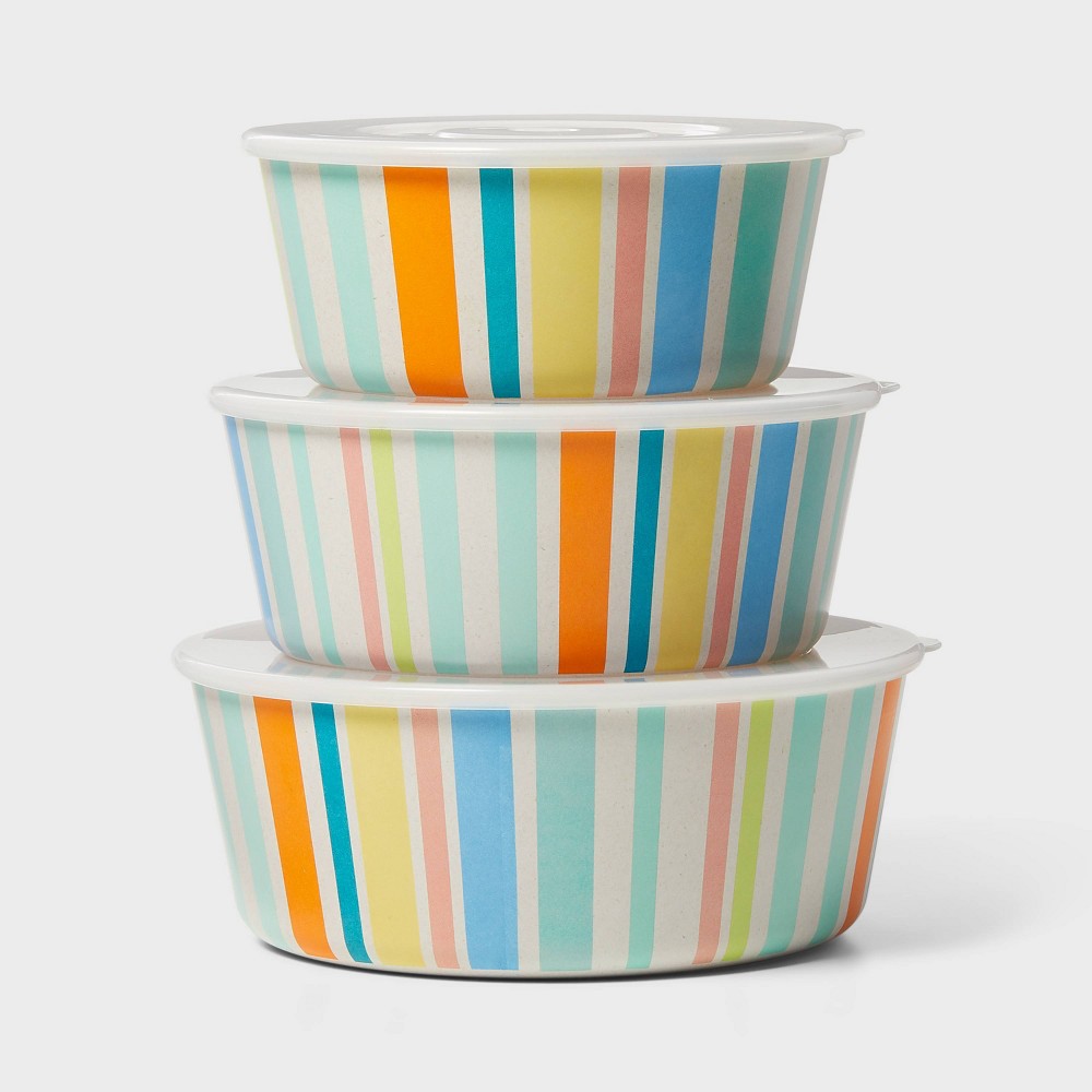 3pc Bamboo and Melamine Striped Food Storage Container Set - Sun Squadâ„¢