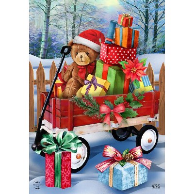Christmas Teddy Bear Wagon Garden Flag in Multicolor Polyester