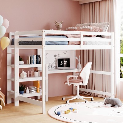 Twin Size Loft Bed with Built-in Desk, Storage Shelves and Drawers, White - ModernLuxe