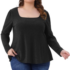 Agnes Orinda Women's Plus Size Glitter Square Neck Shiny Long Sleeve Party Sparkle Blouses - 1 of 4