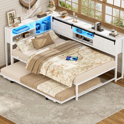 Aheaplus L-Shaped DayBed with Charging Station, Corner Bed Frame with Bookcase and Sliding Door