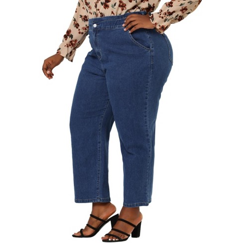 Agnes Orinda Women's Plus Size Jeans Zipper Back Yoke Stretch Roll Up Cuff  Denim Pants Blue 1X
