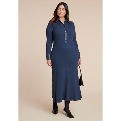 ELOQUII Faux Leather Detail Sweater Dress