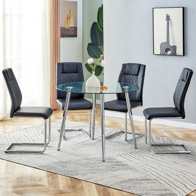 5-Piece Dining Set with Tempered Glass Round Table and 4 PU Armless Chairs