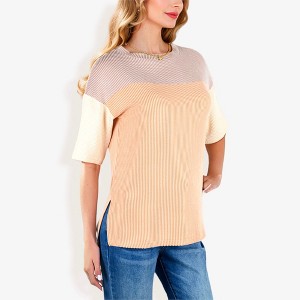 Anna-Kaci Women's Color Block Knit Top with Crew Neck and Short Sleeves, Casual Loose Fit Comfortable Blouse - 1 of 4