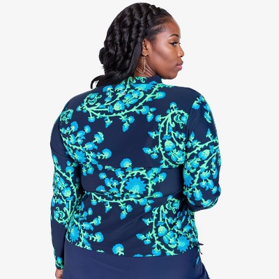 Calypsa Women's Plus Size Half-Zip Long Sleeve Rash Guard UPF 50+ Nora Swim Top
