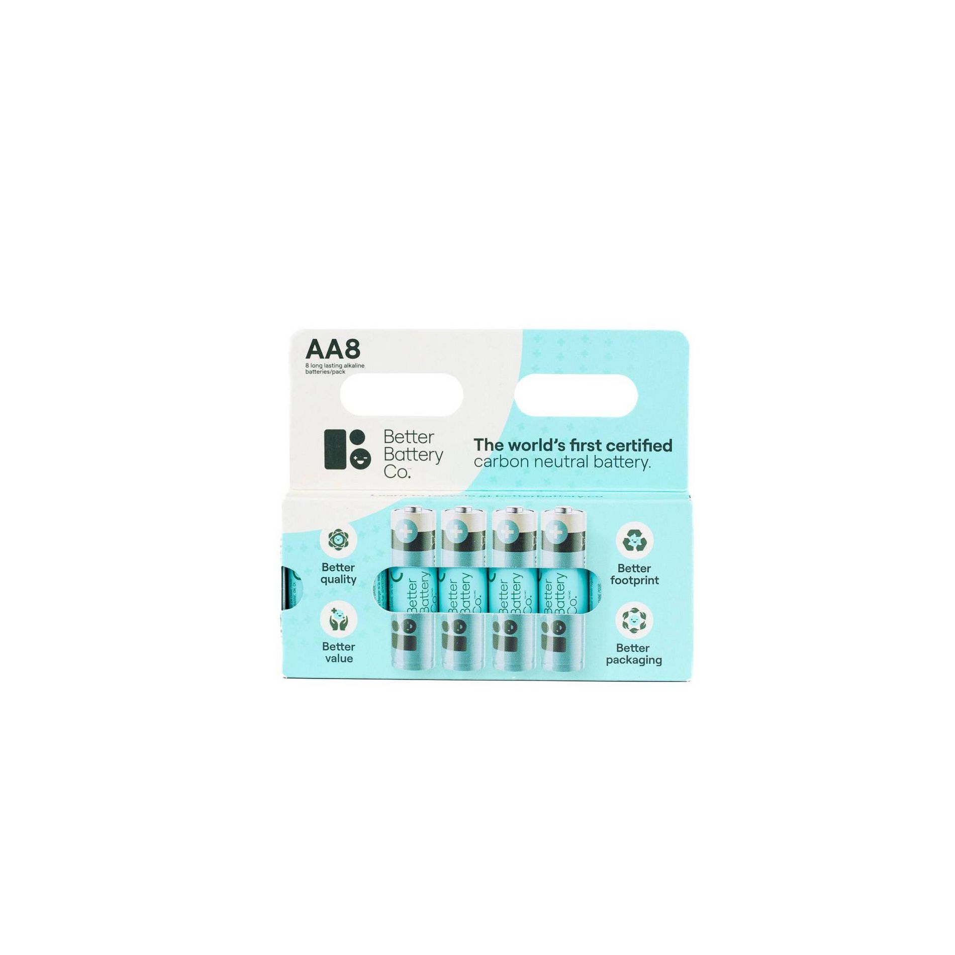 Better Battery Co. AA8 Pack High Performance Certified Carbon Neutral Alkaline Batteries: Single-Use, Household, Output Voltage 1.5V