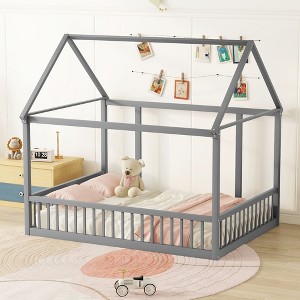 NicBex Full Size Wood Montessori Bed with House Roof Frame,Floor Bed with Safety Fences,Modern Toddler Bed for Bedroom - 1 of 4