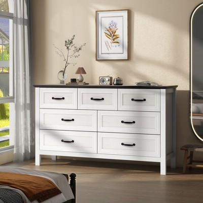 52 Inch Wide Farmhouse 7-Drawer Dresser with Large Metal Handles, Grey Wood Chest of Drawers for Bedroom, Living Room, or Hallway