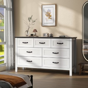 52 Inch Wide Farmhouse 7-Drawer Dresser with Large Metal Handles, Grey Wood Chest of Drawers for Bedroom, Living Room, or Hallway - 1 of 4