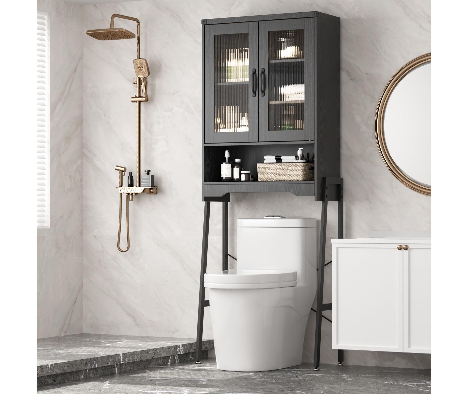 Over The Toilet Storage Cabinet with Tempered Glass Doors, Tall Freestanding Shelf/Rack