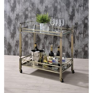 Royal Hampton Two Tiered Metal Serving Cart with Glass Shelves and Side Rails, Antique Gold - 1 of 1