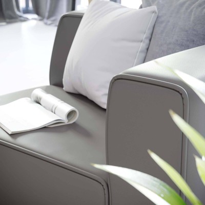 Expansive Gray Vegan Leather Right-Arm Chair with Elegant Piping
