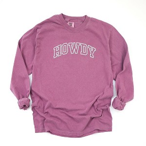 Simply Sage Market Women's Embroidered Howdy Varsity Outline Long Sleeve Garment Dyed Tee - 1 of 3