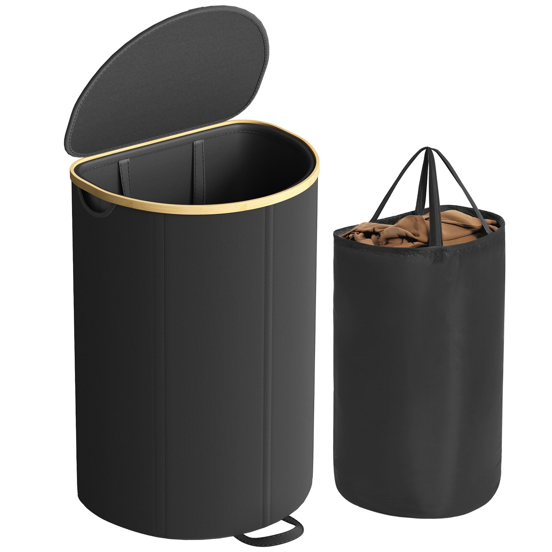 SONGMICS Laundry Hamper, Laundry Basket with Lid, 23.8 Gal. (90 L), with Removable Liner Bag, Ink Black and Light Bamboo