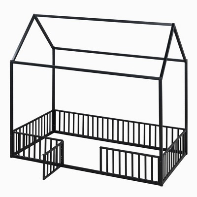 Bellemave Twin Floor Bed with Door and Fence,  Bed Twin Size with Roof/House Floor Bed for Kids, Girls, Boys, Black