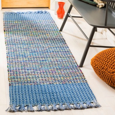 Handmade Blue and Multicolor Wool Cotton Flat Woven Accent Rug