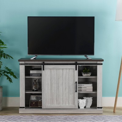 Saw Cut Off White Rustic Sliding Barn-Door TV Stand