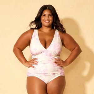 Women's Floral Print Shirred Plunge Medium Coverage One Piece Swimsuit - Shade & Shore™ Multi - 1 of 3