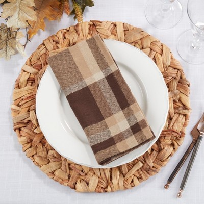 Brown Plaid Cotton Square Dinner Napkins, Set of 4