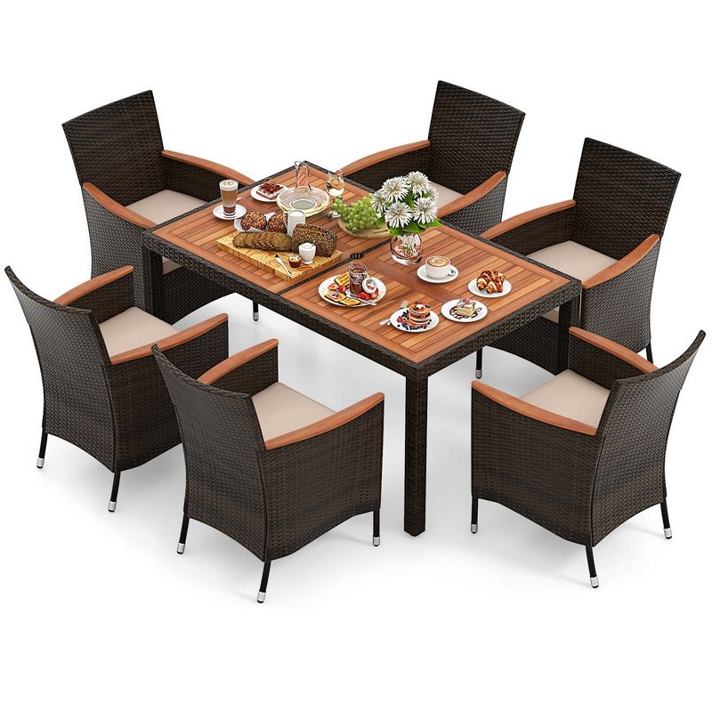 Costway 7 Pieces Outdoor Wicker Dining Set with Acacia Wood Table and 6 Stackable Chairs, 2 of 11