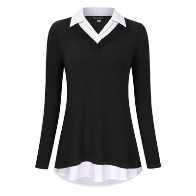 Clearlove Women's Long Sleeve V Neck Contrast Collar Shirt A-line Pleated Office Tunic