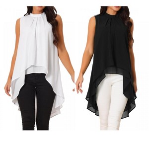 INSPIRE CHIC Women's Casual Tie Back Asymmetrical High Low Sleeveless Mock Neck Flowy Blouse 2 Packs - 1 of 4