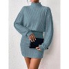 Long Lantern Sleeve Ribbed Knit Sweater Dress, Turtle Neck Bodycon Mini Pullover Dress for Women, Fall and Winter Fashion Blue - 2 of 4