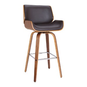 30" Gambier Mid-Century Swivel Bar Height Barstool Brown - Armen Living: Chrome Base, Faux Leather Upholstery, Foam Padding - 1 of 4