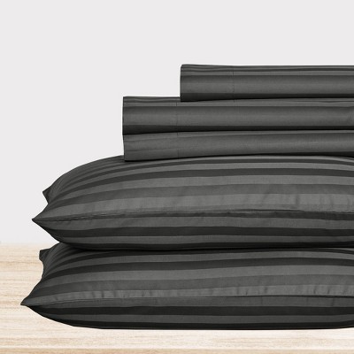 California King Dark Gray Cotton Sateen Striped Sheet Set