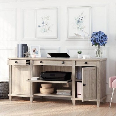 Chalk Oak Wood Credenza with Drawers and Shelves