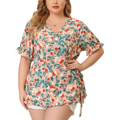 Agnes Orinda Women's Plus Size Floral Ruffle Sleeve Tie Faux Wrap Peplum Blouses