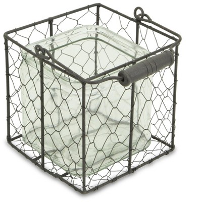 Cheung's Teska Square Glass Jar in Brown Wire Basket - Large