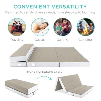 Full-Size Taupe Foldable Foam Mattress Topper with Carry Case
